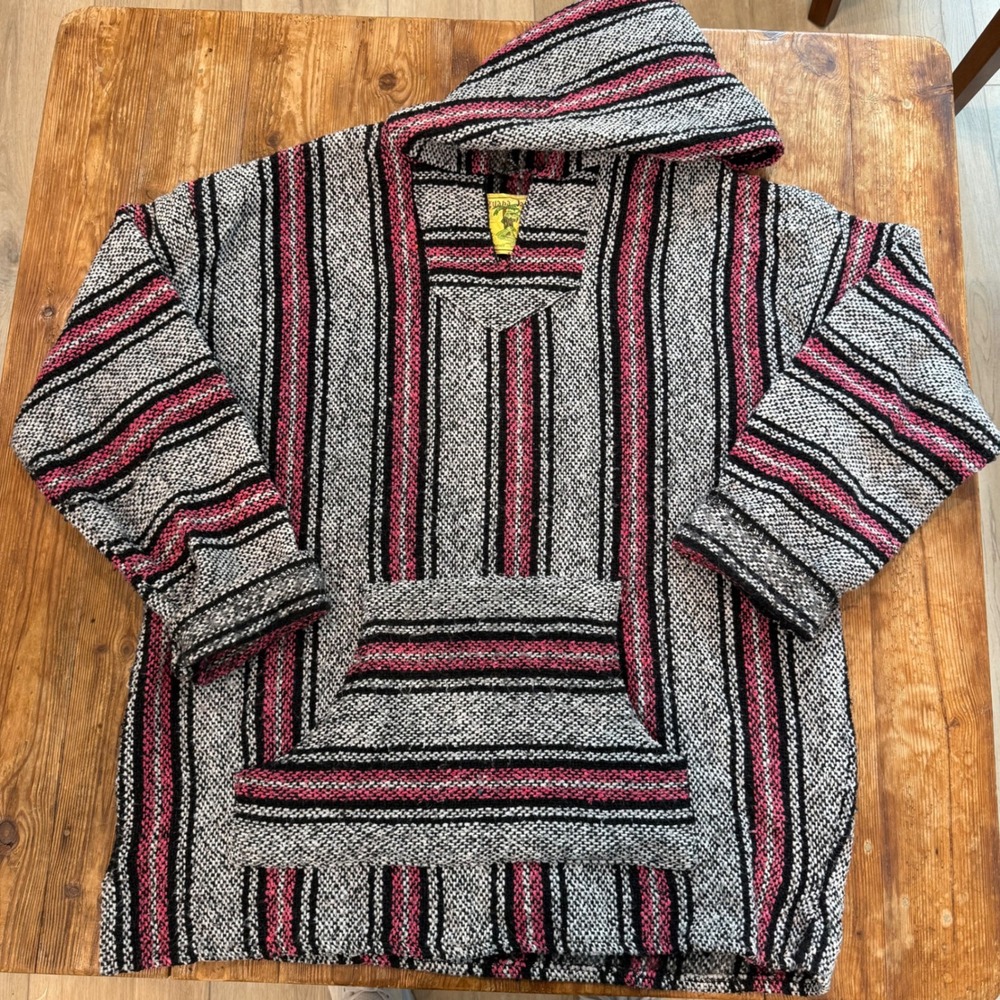 Iguana Jack Baja Hoodie Pink Black White Striped Mexican Poncho Unisex XL EUC